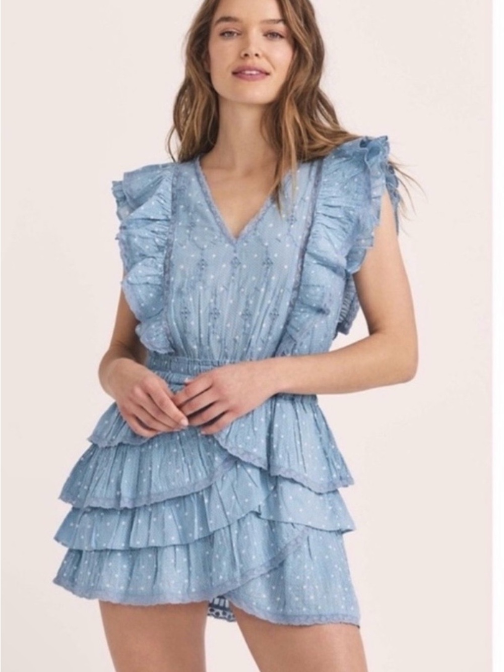 LoveShackFancy Powder Blue Ruffle Tiered Mini Dress